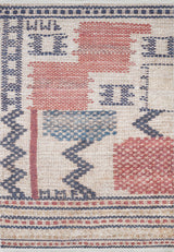 The Boho Bliss - Washable Rug - JR1723 features a flat weave with geometric patterns in red, blue, and beige, including rectangles, squares, zigzag lines, and a grid border for a textured, hand-crafted look.