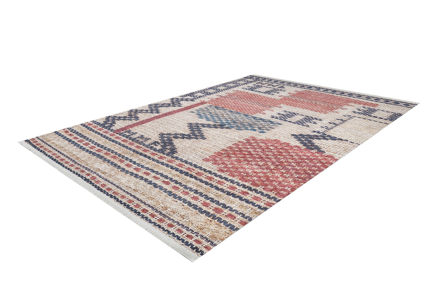 The Boho Bliss - Washable Rug - JR1723 is a rectangular flat weave area rug with a geometric tribal pattern in red, blue, beige, and black. It features zigzags, stripes, and checkered designs and is shown on a white background.