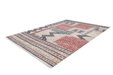 The Boho Bliss - Washable Rug - JR1723 is a rectangular flat weave area rug with a geometric tribal pattern in red, blue, beige, and black. It features zigzags, stripes, and checkered designs and is shown on a white background.