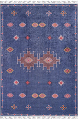 The Boho Chic Tapestry - Washable Rug (JR5083) is a blue rug with red, yellow, pink, and white geometric diamond and cross patterns, plus white fringes along the short edges.