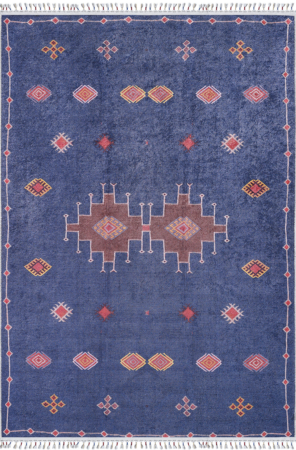 The Boho Chic Tapestry - Washable Rug (JR5083) is a blue rug with red, yellow, pink, and white geometric diamond and cross patterns, plus white fringes along the short edges.