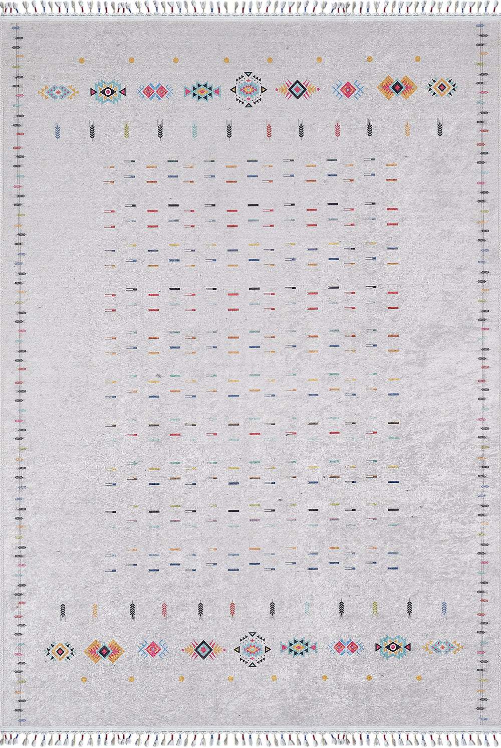 The Boho Chic - Washable Rug - JR5103 features a light gray rectangular design with small colorful geometric patterns, horizontal dashes, large diamond and arrow motifs on the borders, and short knotted fringe—ideal for high-traffic areas.