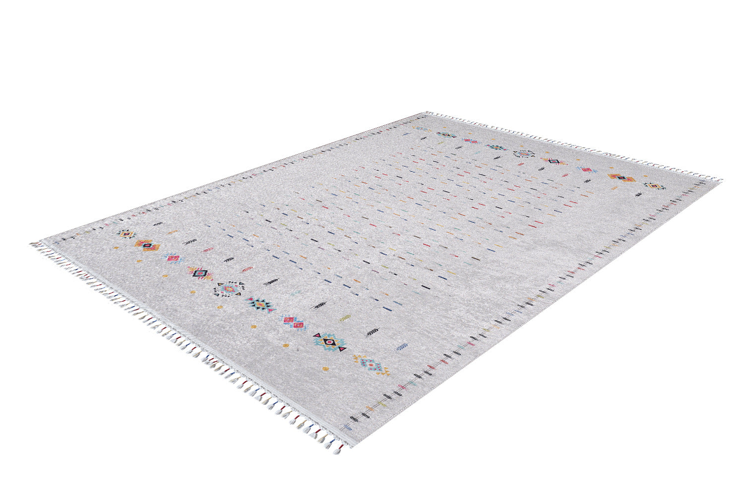 The Boho Chic - Washable Rug - JR5103 is a rectangular, light gray rug with multicolored geometric patterns, subtle small motifs, fringed edges, and a white background with scattered dots and shapes—ideal for high-traffic areas.