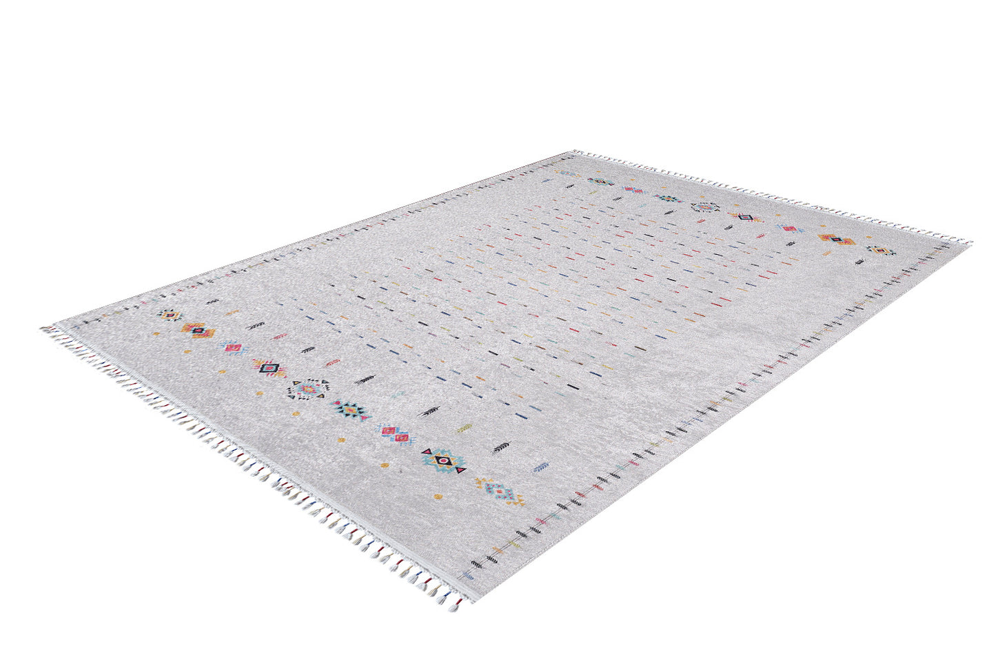 The Boho Chic - Washable Rug - JR5103 is a rectangular, light gray rug with multicolored geometric patterns, subtle small motifs, fringed edges, and a white background with scattered dots and shapes—ideal for high-traffic areas.