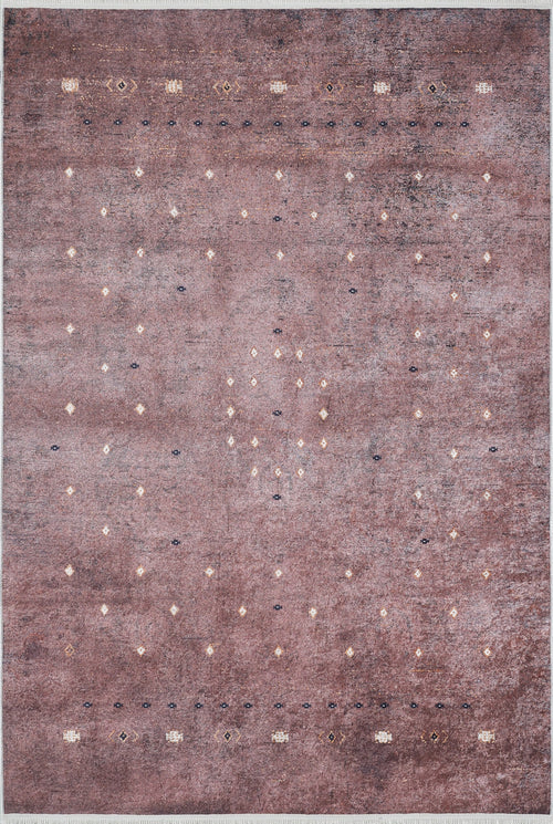Load image 1 in gallery view. The Boho Magic - Washable Rug - JR1993 features a rectangular, washable design with a faded mauve background and small geometric motifs in white, yellow, and dark blue—ideal for allergy-sensitive homes wanting style beyond typical bronze and brown rugs.