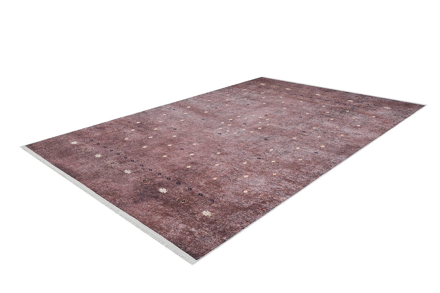 The Boho Magic - Washable Rug - JR1993 is a rectangular rug in muted mauve with a subtle faded look and small, evenly spaced motifs. Ideal for allergy-sensitive homes, it has short fringes on the ends for extra charm.
