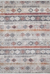 The Boho Oasis - Washable Rug - JR1618 showcases rows of geometric diamonds and zigzags in earthy brown, orange, gray, and cream tones with a distressed woven texture—ideal for high-traffic areas.