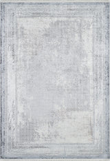 The Bold Borderline - Washable Rug - JR1984 features a light gray-anthracite palette, a faded Greek key border, and a textured center design with varying gray shades—perfect for high-traffic spaces.