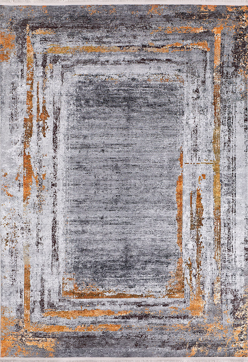 The Bold and Chic - Washable Rug - JR1198 features a distressed abstract pattern with layered gray, white, and rust-orange rectangles. Its easy-care, washable design makes it great for allergy-sensitive spaces, while its textured look adds modern style.
