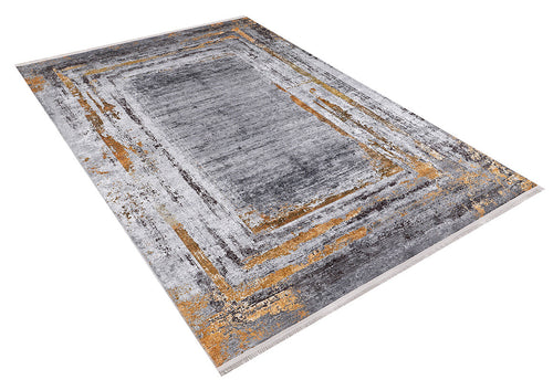Load image 1 in gallery view. The Bold and Chic - Washable Rug - JR1198 is a rectangular flat weave with a modern abstract design in gray, black, and gold, featuring layered rectangle patterns and distressed textures—perfect for allergy-sensitive spaces.