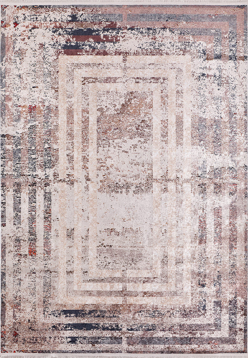 The Bold and Geometric - Washable Rug - JR1410 (Outlet) US features a distressed beige, cream, and earth tone abstract design with overlapping geometric lines for a layered look—ideal for high-traffic areas.