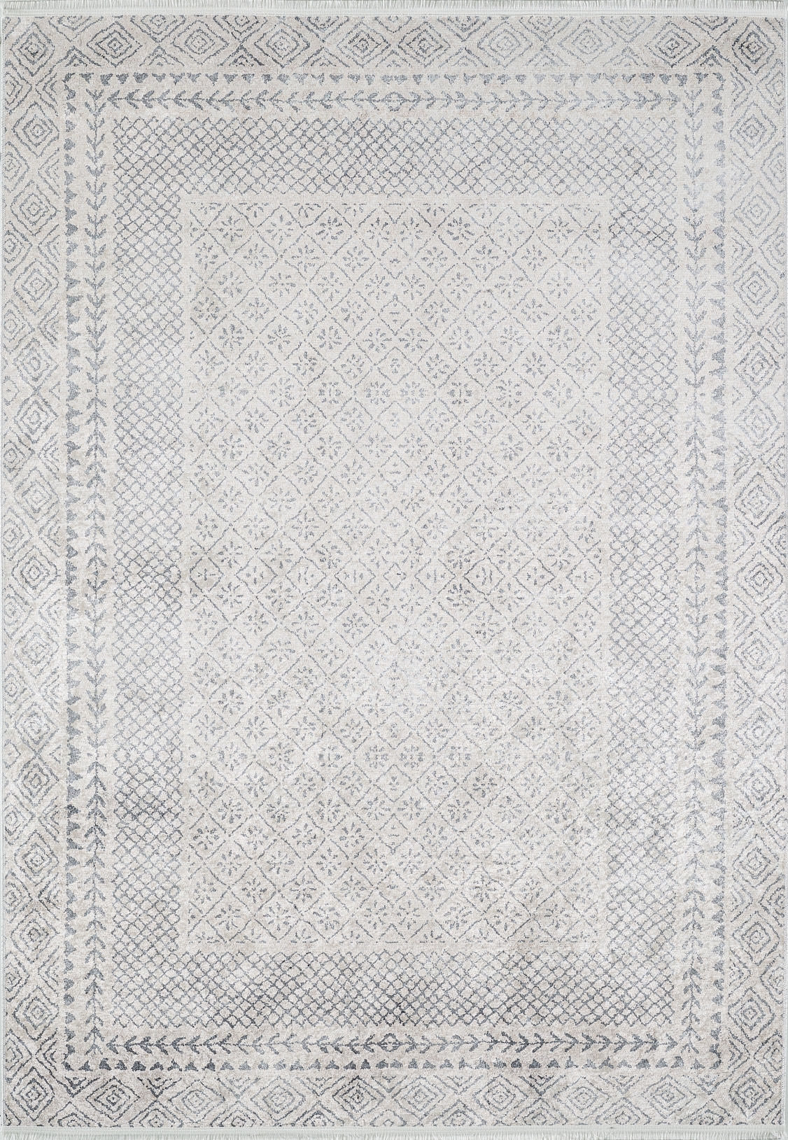 The Borderline Brilliance - Washable Rug - JR1987 features a large gray-anthracite base with light gray and white hues, a central diamond pattern, and geometric borders—an intricate, symmetrical rug ideal for high-traffic spaces.