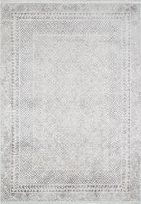 The Borderline Brilliance - Washable Rug - JR1987 features a large gray-anthracite base with light gray and white hues, a central diamond pattern, and geometric borders—an intricate, symmetrical rug ideal for high-traffic spaces.