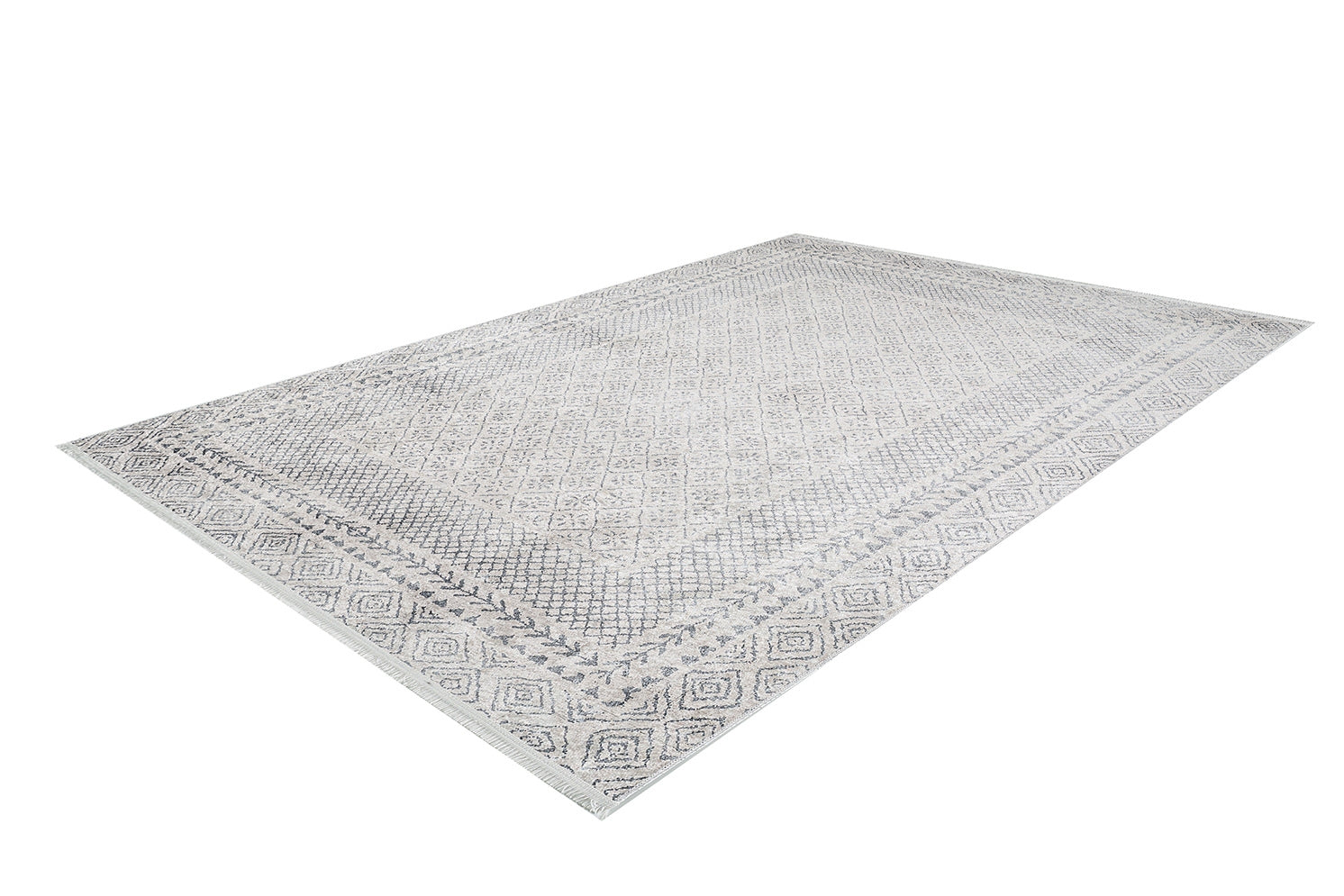 The Borderline Brilliance - Washable Rug (JR1987) is a rectangular, light gray rug with a subtle geometric and floral pattern, shown in full from a low angle against a white background.