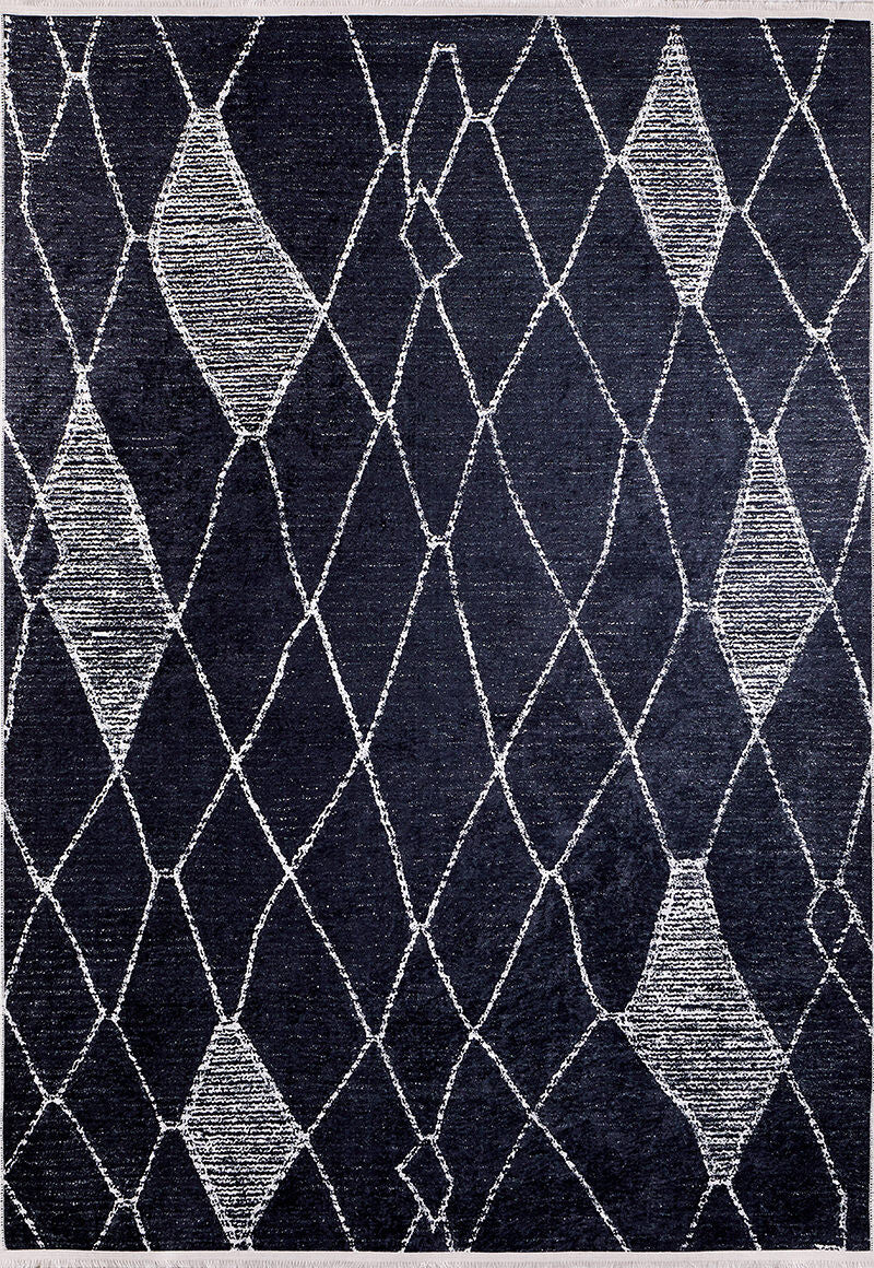 Byzantine Beauty - Washable Rug - JR1037: A washable black rug with an abstract white crisscross diamond pattern in various shapes and sizes, ideal for high-traffic areas.
