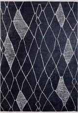 Byzantine Beauty - Washable Rug - JR1037: A washable black rug with an abstract white crisscross diamond pattern in various shapes and sizes, ideal for high-traffic areas.