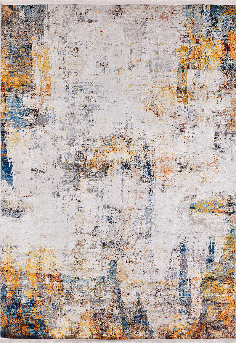 The Chromatic Kaleidoscope - Washable Rug - JR1483 features a distressed abstract pattern in yellow-gold with white, gray, blue, and orange accents, offering a textured, weathered look perfect for high-traffic areas.