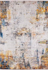 The Chromatic Kaleidoscope - Washable Rug - JR1483 features a distressed abstract pattern in yellow-gold with white, gray, blue, and orange accents, offering a textured, weathered look perfect for high-traffic areas.
