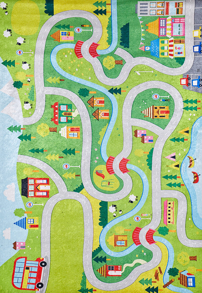 The City Adventure - Machine-Washable Rug JRC039 features a vibrant, illustrated play mat with winding roads, bridges, houses, farms with animals, trees, a school bus, shops, and boats—designed for easy care and lively kids’ adventures.