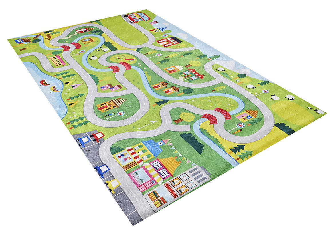 The City Adventure - Machine-Washable Rug JRC039 is a colorful children’s play mat with a small town design, winding roads, buildings, and parks. Its flat weave ensures easy cleaning and durability—ideal for imaginative play.