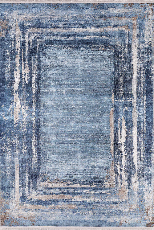 Load image 1 in gallery view. The Classic Bordered - Washable Rug - JR1197 features layered rectangular patterns in blue, gray, and beige with a distressed look and irregular edges. It's perfect for high-traffic areas and allergy-sensitive homes.