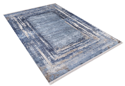 Load image 1 in gallery view. The Classic Bordered - Washable Rug - JR1197 is a rectangular rug with a modern blue, gray, and beige design. It features layered rectangles, distressed details, and short fringes—perfect for high-traffic spaces.