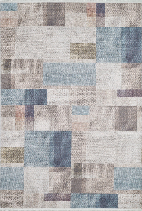 Load image 1 in gallery view. The Classic Check - Washable Rug - JR1955 features a modern geometric pattern with rectangles and squares in blue, beige, light brown, and gray on a neutral background—perfect for high-traffic areas and easy to clean.