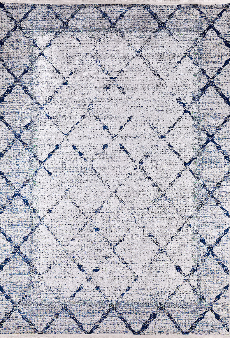 The Classic Trellis - Washable Rug - JR710 is a rectangular, flat weave rug with a white base and navy blue crisscross diamond pattern. Its distressed, textured look and vintage style make it ideal for contemporary living rooms.