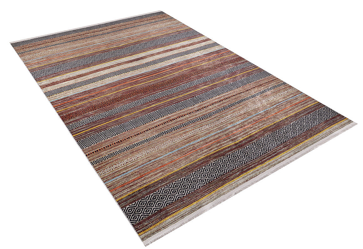 The Coastal Breeze - Washable Rug - JR1549 is a rectangular rug with horizontal stripes in earthy brown, orange, red, and beige tones plus intricate black and white geometric patterns—ideal for allergy-sensitive homes—shown on a white background.