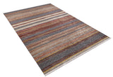 The Coastal Breeze - Washable Rug - JR1549 is a rectangular rug with horizontal stripes in earthy brown, orange, red, and beige tones plus intricate black and white geometric patterns—ideal for allergy-sensitive homes—shown on a white background.