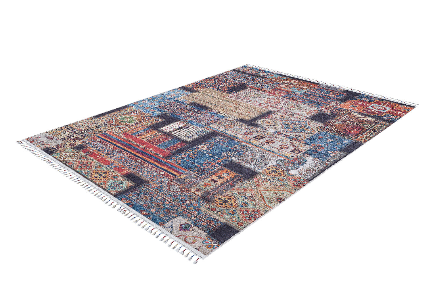 The Colorful Composition - Washable Rug - JR5107 is a rectangular flat weave featuring a patchwork of blue, red, beige, and brown patterns with white fringe on the short sides—perfect for adding charm and texture to any space.