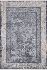 The Contemporary Borderline - Washable Rug - JR1798 features a rectangular shape with a tan and cream floral border and a distressed, faded gray central field accented by dark blue and gray tones.