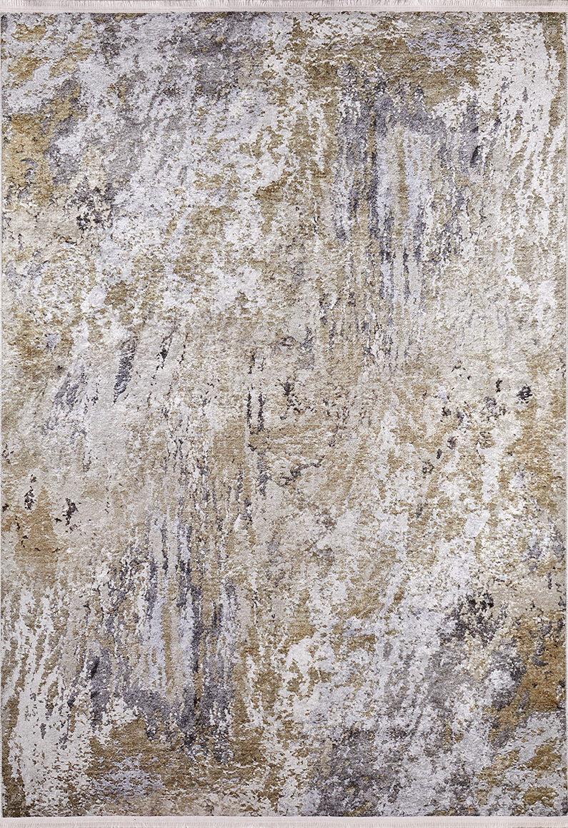 The Contemporary Canvas - Washable Rug - JR145 features beige, gray, cream, and yellow-gold tones in a marbled pattern, offering an abstract look ideal for high-traffic areas and easy cleaning.