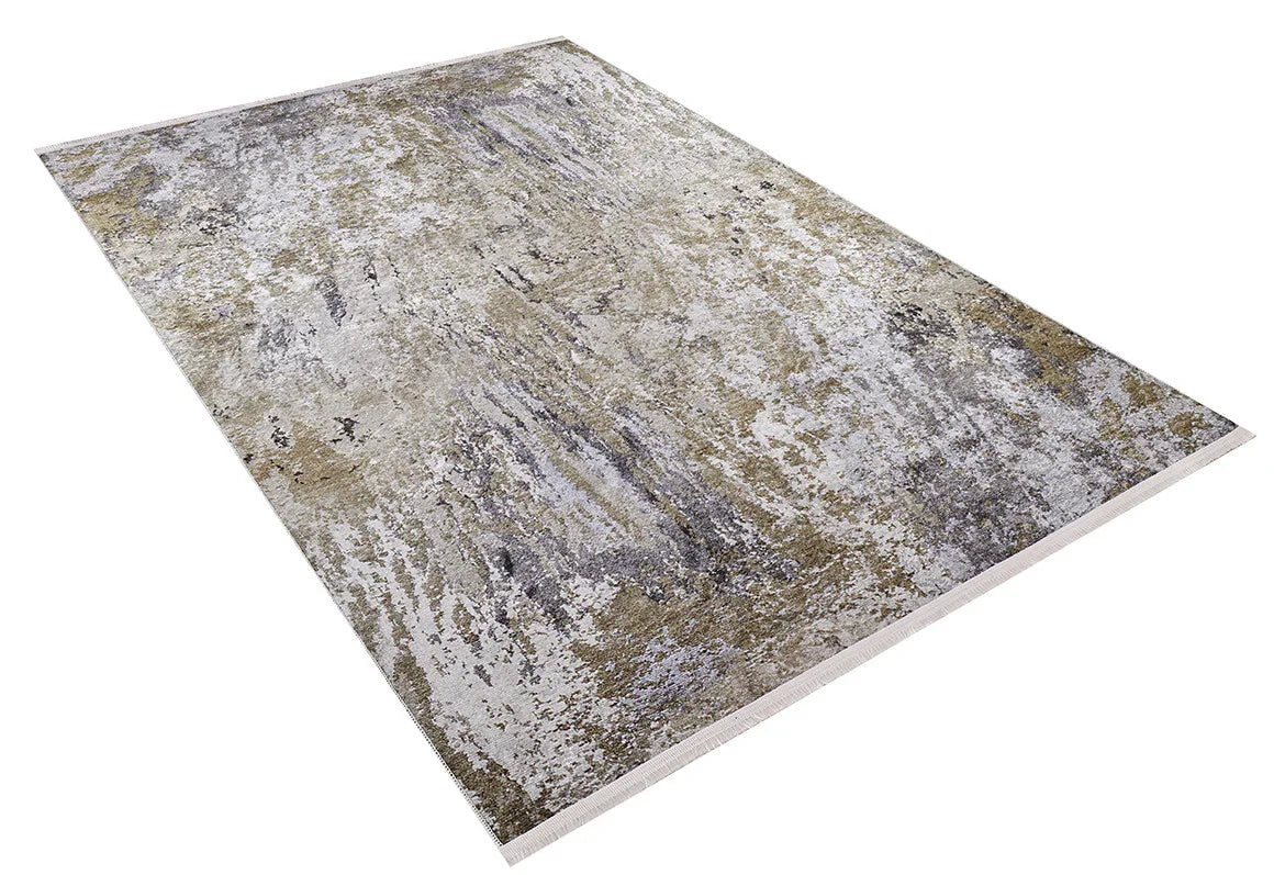 The Contemporary Canvas - Washable Rug - JR145 is a rectangular rug with an abstract, distressed pattern in muted gray, beige, and cream—ideal for high-traffic spaces and easy to clean.