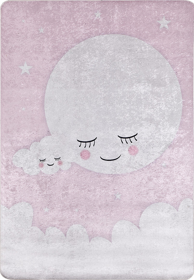 A pastel illustration of a smiling moon and cloud with rosy cheeks, surrounded by stars on pink, captures the cozy charm of the Cosmic Naptime - Machine-Washable Rug JRC032, perfect for creating a dreamy nursery atmosphere.