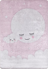 A pastel illustration of a smiling moon and cloud with rosy cheeks, surrounded by stars on pink, captures the cozy charm of the Cosmic Naptime - Machine-Washable Rug JRC032, perfect for creating a dreamy nursery atmosphere.