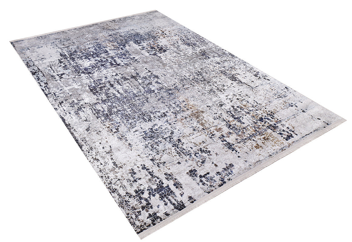 The Creative Currents - Washable Rug - JR835 is a rectangular flat weave rug featuring an abstract distressed pattern in gray, blue, and beige. Perfect for high-traffic areas, it's easy to maintain and shown on a white background.