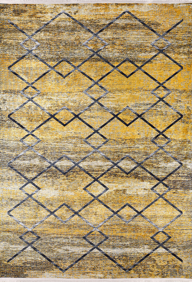 The Crossed Connections - Washable Rug - JR1181 features a yellow-gold base with a textured abstract pattern of interlocking black diamond shapes in vertical rows—ideal for high-traffic areas and easy to clean.