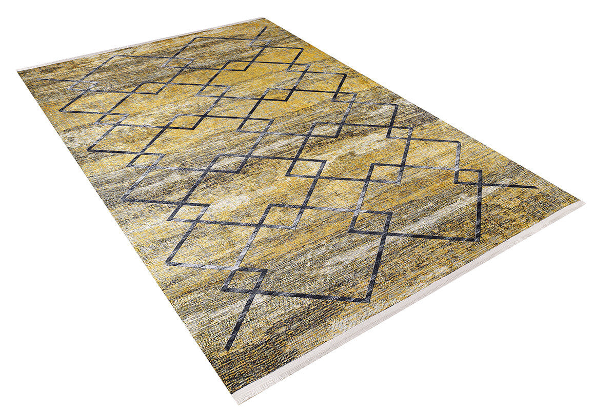 The Crossed Connections Washable Rug (JR1181) features a yellow-gold color with a gray textured background and abstract black intersecting lines forming diamond shapes. Durable and washable, it's ideal for high-traffic areas.