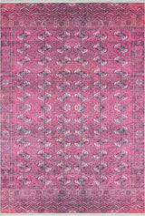 The Desert Dreamscape - Washable Rug - JR1940 is a large, soft pink rug with white, blue, and black geometric and floral patterns in rows and borders. Its symmetrical design adds a detailed, visually rich texture to any space.