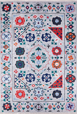 The Desert Drift - Washable Rug - JR1523 features intricate geometric and floral patterns in blue, red, orange, green, and black on light gray with colorful borders—ideal for adding stylish flair to high-traffic areas.