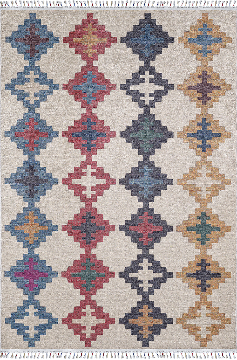 The Desert Mirage - Washable Rug (JR5033) features a flat weave design with four vertical rows of geometric diamond patterns in blue, red, yellow, and green on a beige background and has fringed edges at both ends.