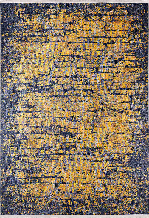 Load image 1 in gallery view. The Diagonal Dash - Washable Rug - JR1310 features a rectangular yellow-gold base with a distressed gold and dark blue pattern resembling weathered brick, offering an abstract look that's ideal for high-traffic areas.
