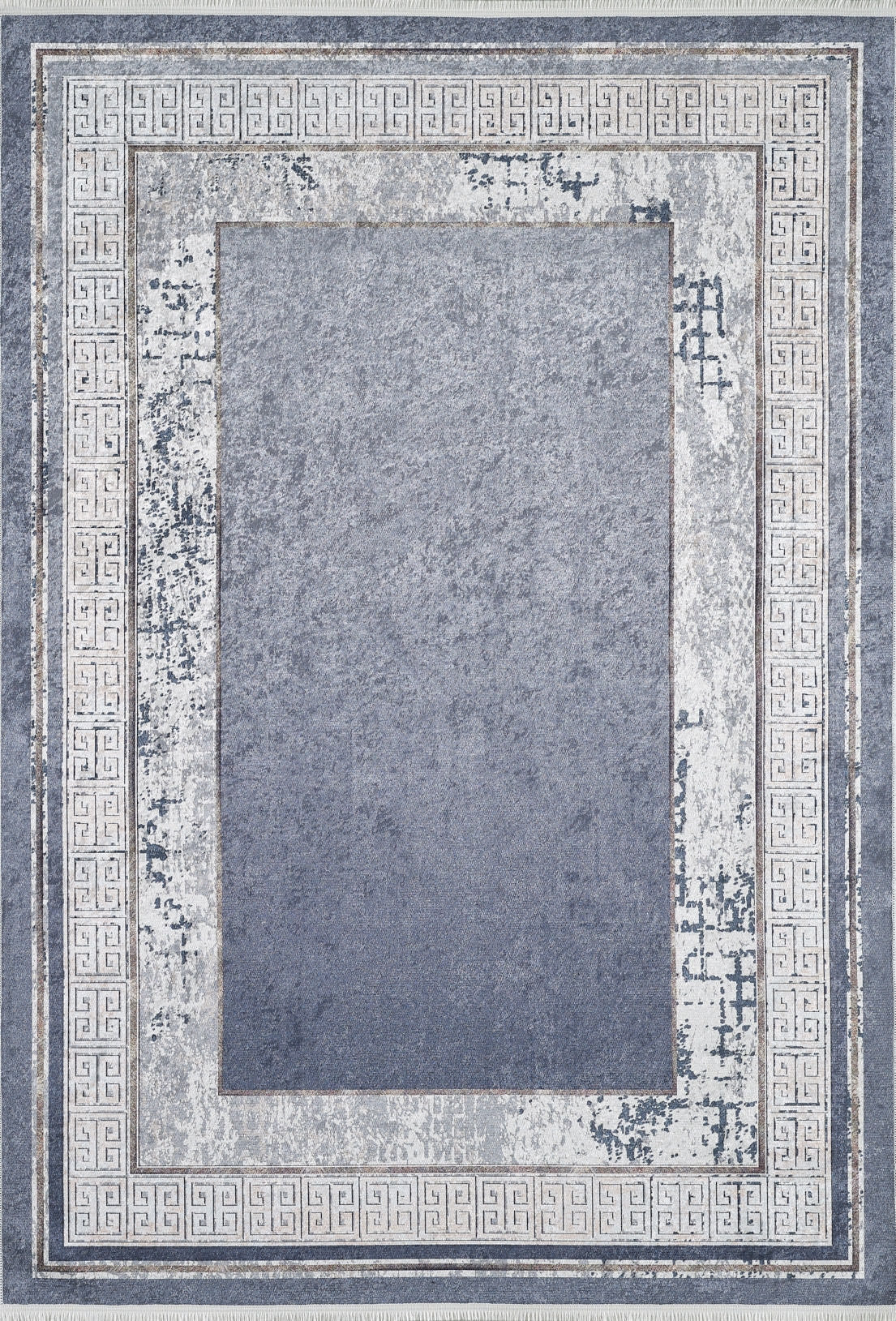 The Dramatic Boundaries - Washable Rug - JR1810 features a rectangular blue design with a faded blue-gray center, worn off-white Greek key border, and distressed edges—perfect for high-traffic spaces needing vintage charm.
