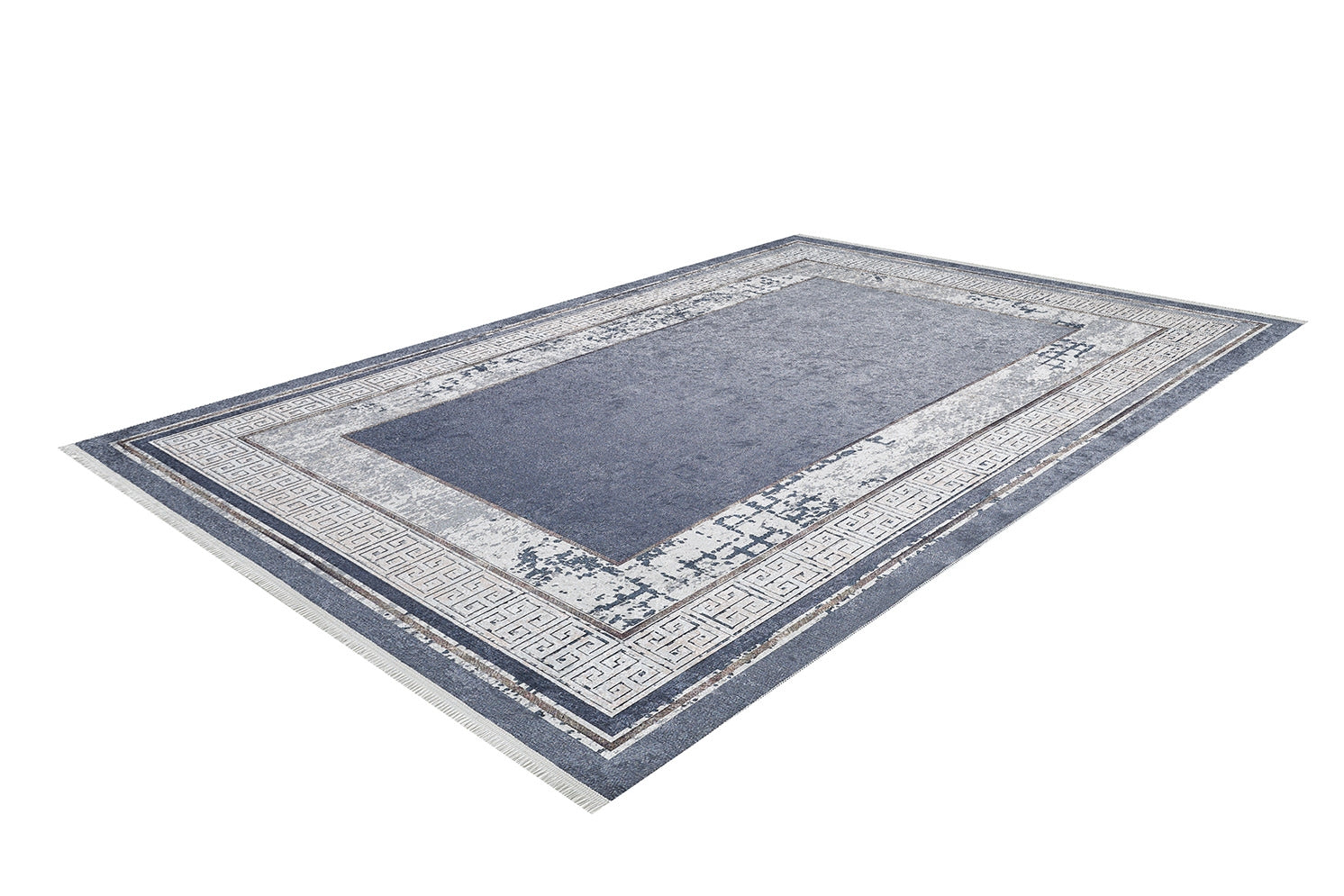 The Dramatic Boundaries - Washable Rug - JR1810 is a rectangular rug in blue and gray with a distressed texture, Greek key borders, and geometric designs—ideal for high-traffic areas. Shown on a white background.