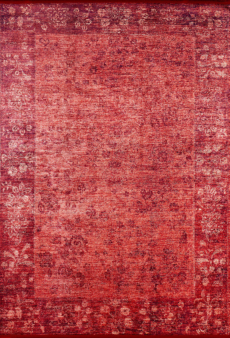 The Dynasty Dream - Washable Rug - JR160 is a rectangular red rug with a subtle oriental floral and vine border, featuring a slightly faded, textured center. It combines classic elegance with practical washable convenience.