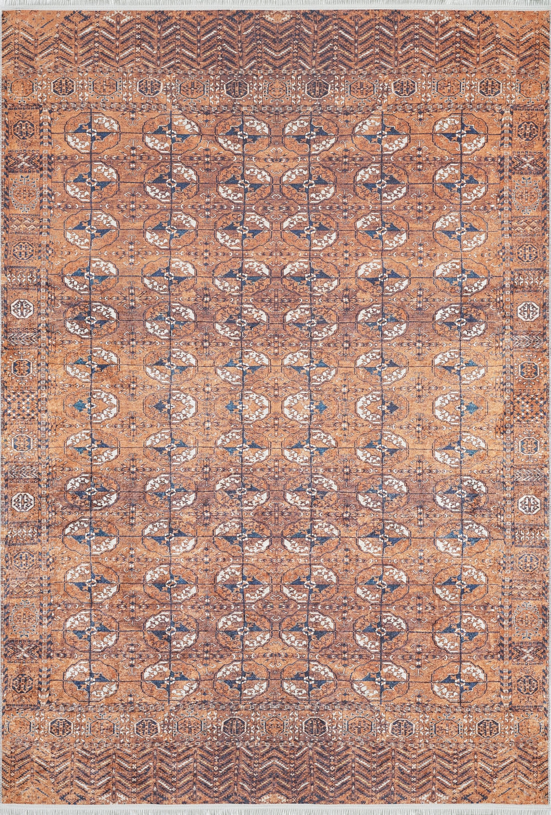 Earthy Enigma - Washable Rug - JR1937: Rectangular washable rug in warm brown, tan, and cream with geometric and floral patterns plus a detailed border. Durable and easy to clean—ideal for high-traffic areas.