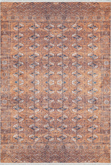 Earthy Enigma - Washable Rug - JR1937: Rectangular washable rug in warm brown, tan, and cream with geometric and floral patterns plus a detailed border. Durable and easy to clean—ideal for high-traffic areas.