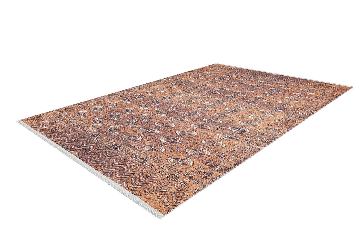 The Earthy Enigma - Washable Rug (JR1937) features geometric and floral patterns in brown, tan, rust, and orange with white fringes—ideal for high-traffic areas and shown on a white background.