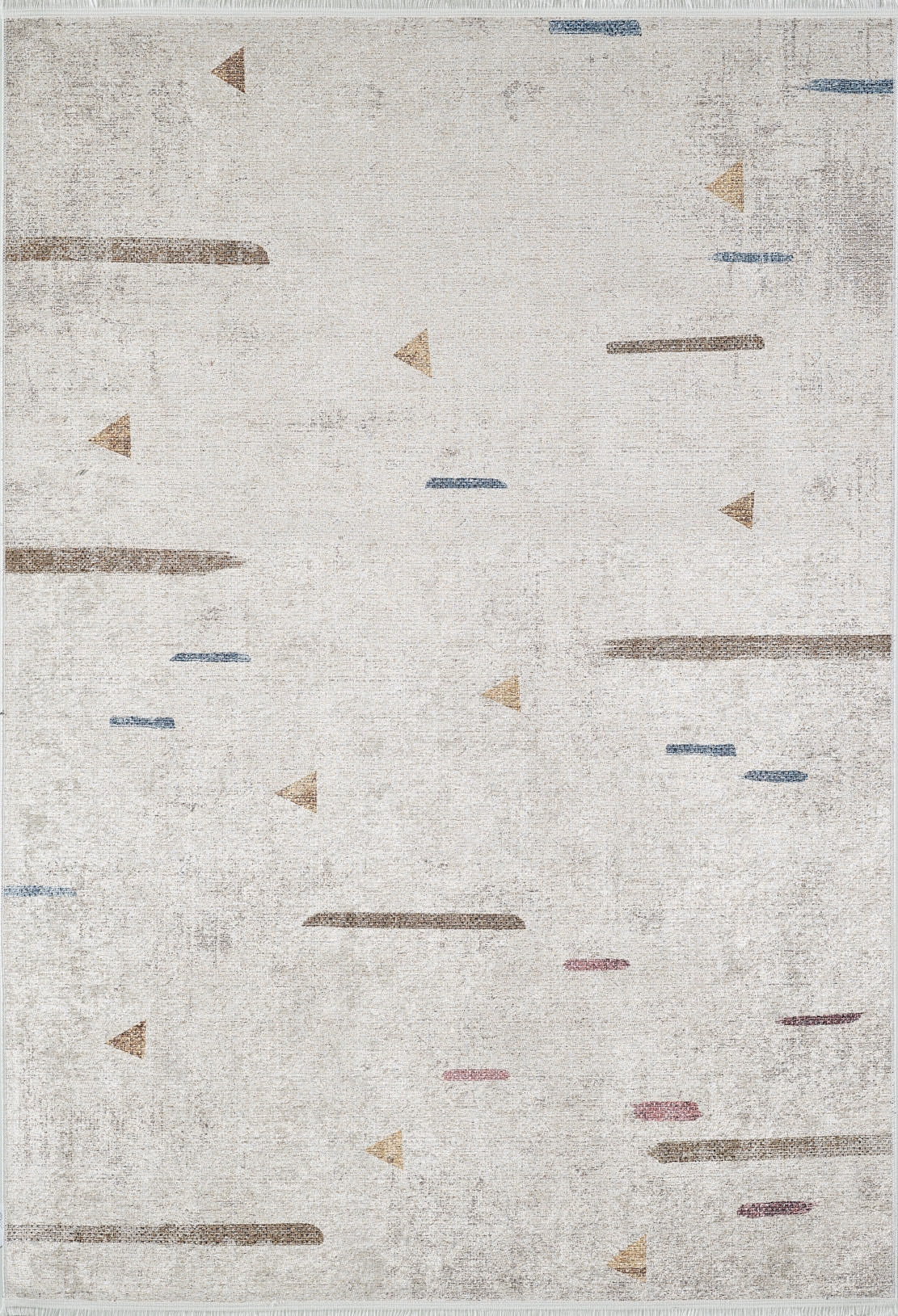 The Ebony Ivory - Washable Rug (JR1994) features a light, distressed texture with scattered geometric shapes in brown, tan, blue, and muted red. Its minimal modern design suits allergy-sensitive homes and high-traffic areas.